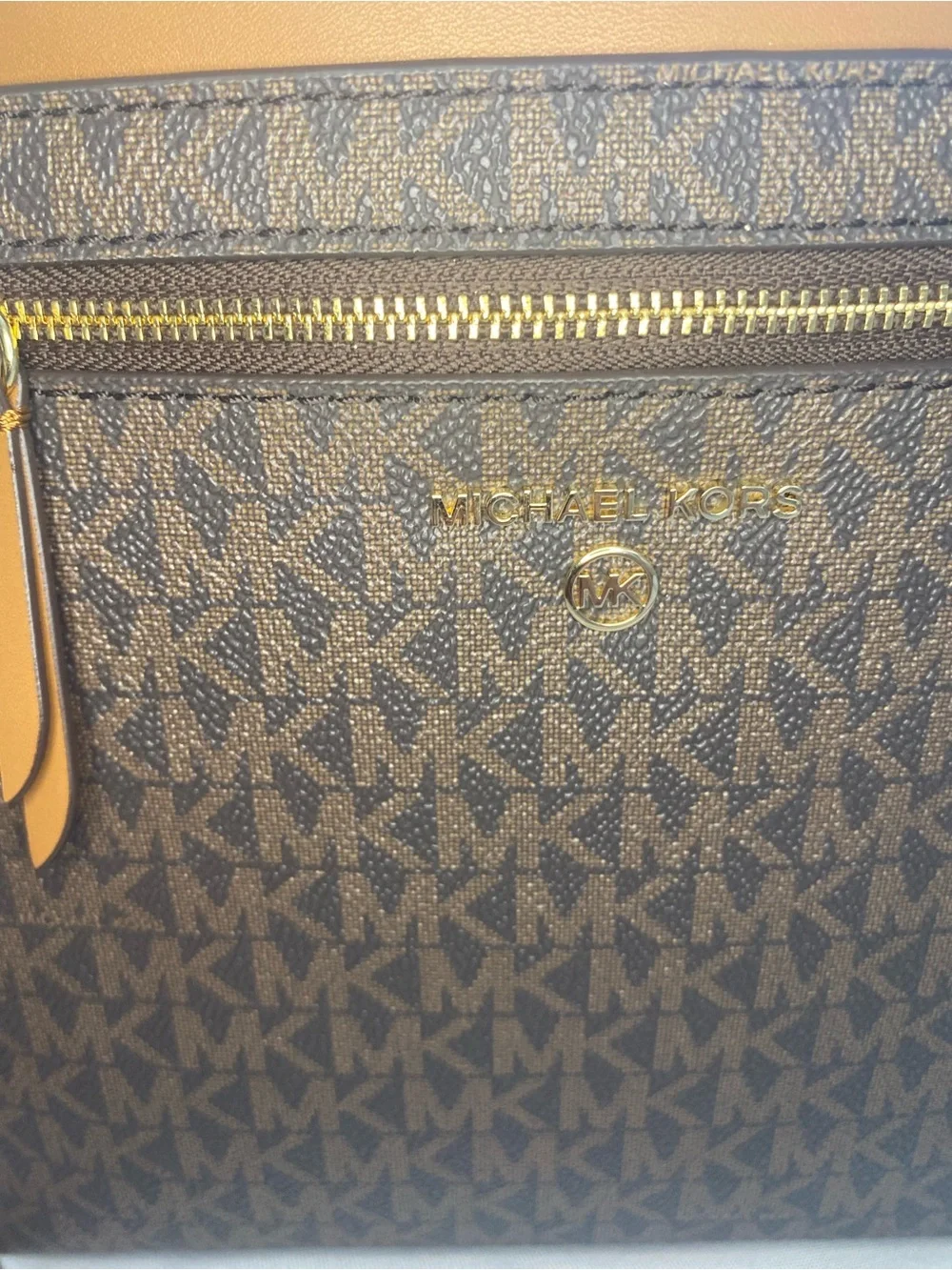 Michael Kors Brown Monogram Crossbody with Tan Trim and Gold Hardware